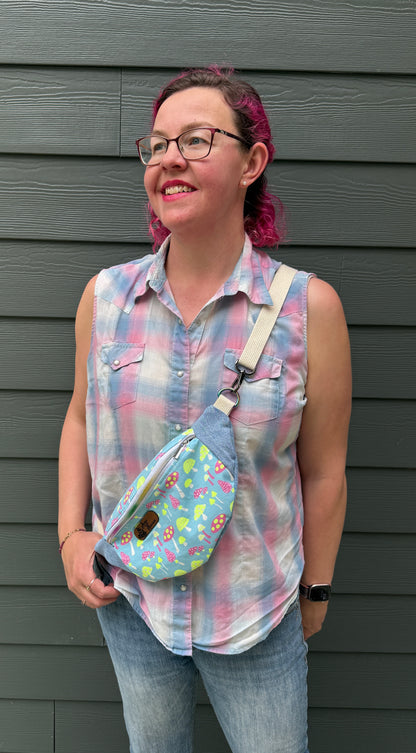 Belt Bag | Neon Pink and Yellow Mushrooms on Pastel Blue | Whimsical Canadian Handcrafted Bags Made from Japanese and Upcycled Fabrics