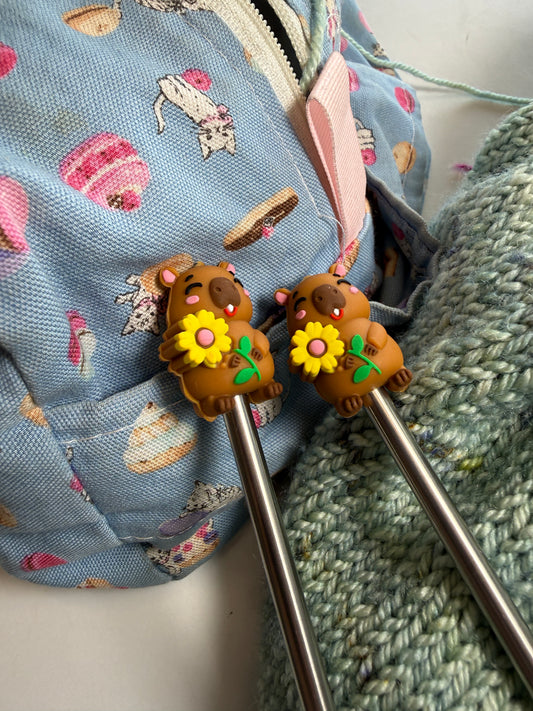 Capybara with Sunflower Stitch Stoppers | Silicone Knitting Needle Point Protectors