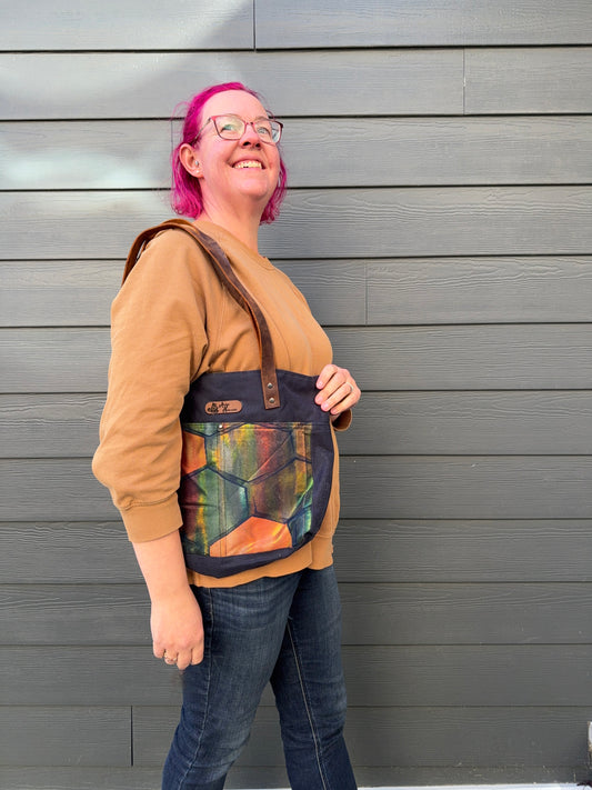 Upcycled Obi Dundurn Tote | Navy Waxed Canvas with Geometric Obi