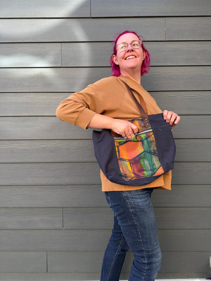 Upcycled Obi Dundurn Tote | Navy Waxed Canvas with Geometric Obi