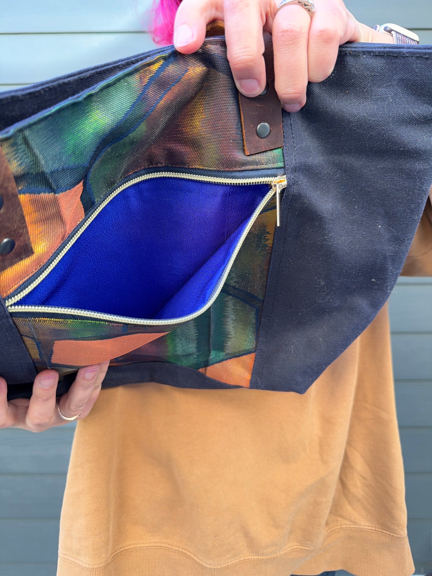 Upcycled Obi Dundurn Tote | Navy Waxed Canvas with Geometric Obi