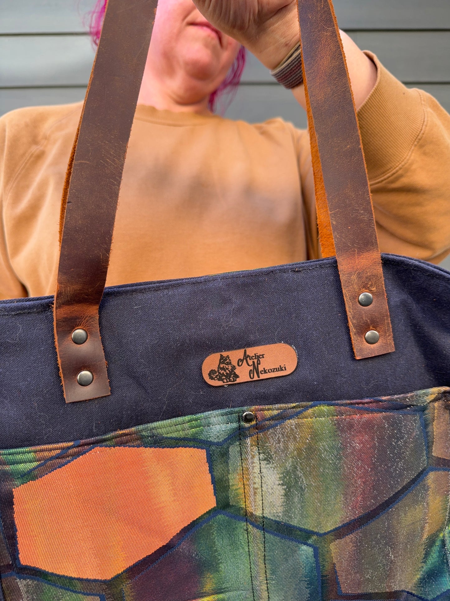 Upcycled Obi Dundurn Tote | Navy Waxed Canvas with Geometric Obi