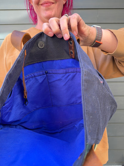 Upcycled Obi Dundurn Tote | Navy Waxed Canvas with Geometric Obi