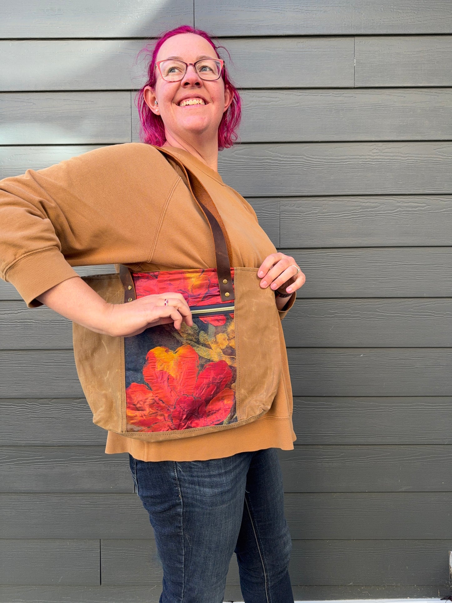 Upcycled Obi | Dundurn Tote | Poppy Obi and Tan Waxed Canvas | Made in Canada