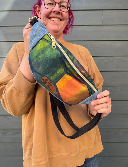 Upcycled Obi with Upcycled Denim | Belt Bag | Iridescent Hexagons on Navy | Made in Canada