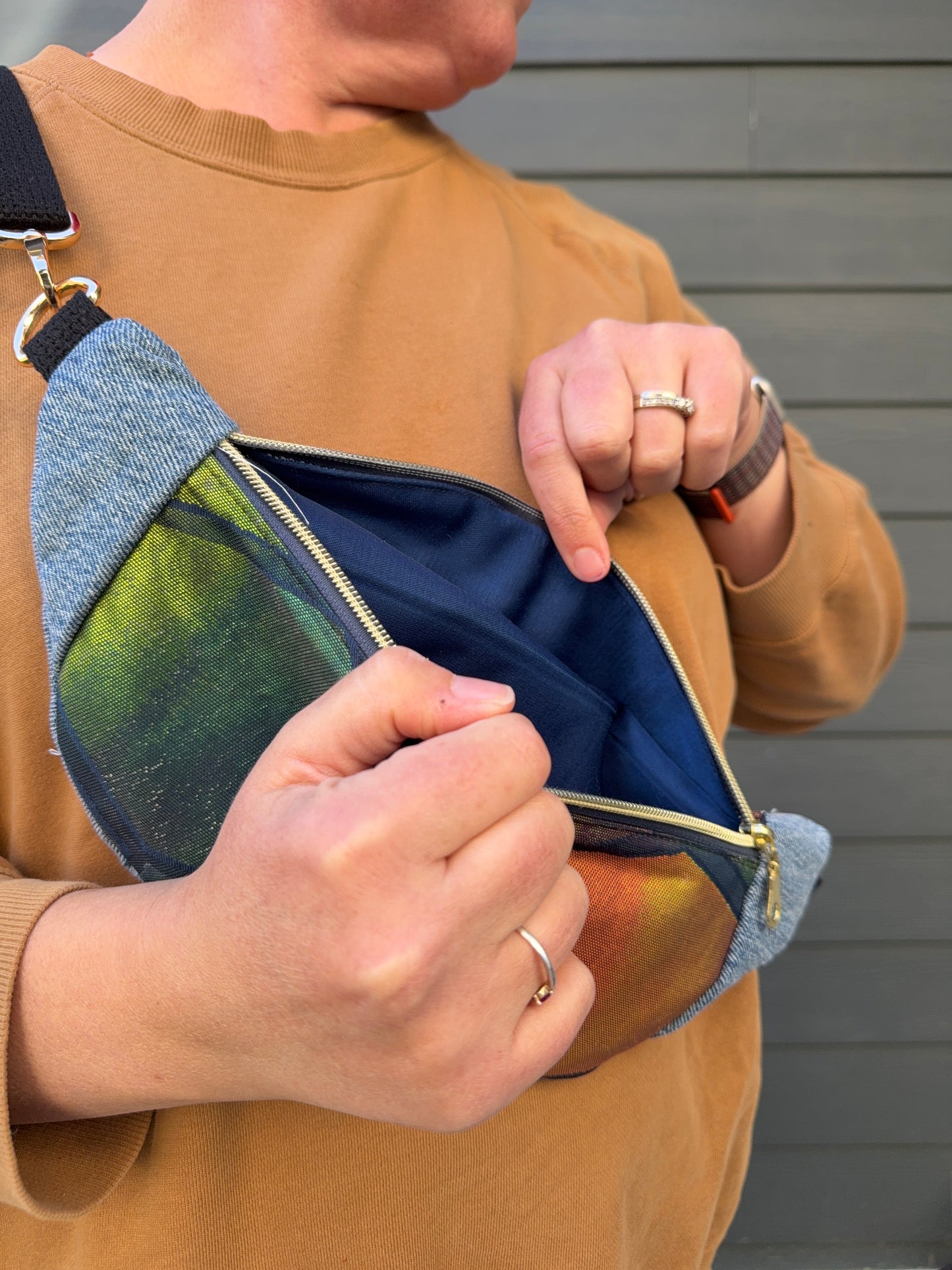 Upcycled Obi with Upcycled Denim | Belt Bag | Iridescent Hexagons on Navy | Made in Canada