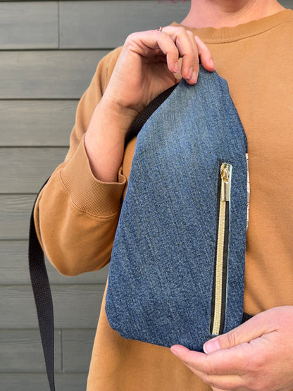 Mini Traveller Sling | Upcycled Denim and Hand-Selected Japanese Fabric | Made in Canada