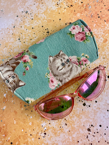 Glasses Case | Cats and Floral Wreaths on Aqua
