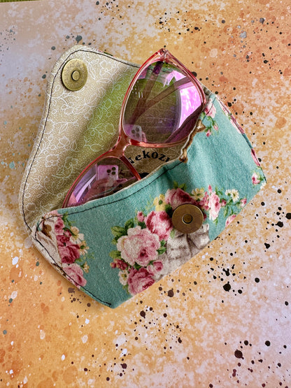 Glasses Case | Cats and Floral Wreaths on Aqua