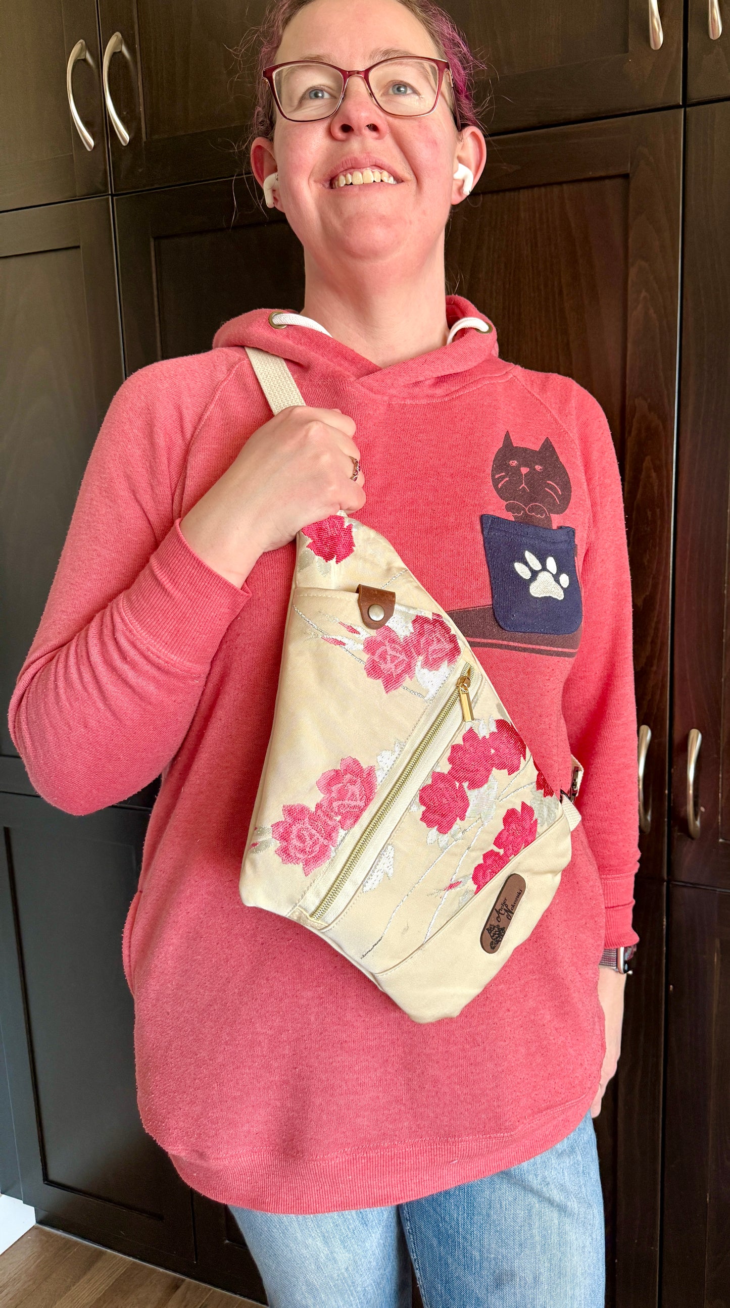 Upcycled Obi | Pink and Silver Florals on Ivory | Artisan Bags Handcrafted in the Foothills of the Canadian Rockies