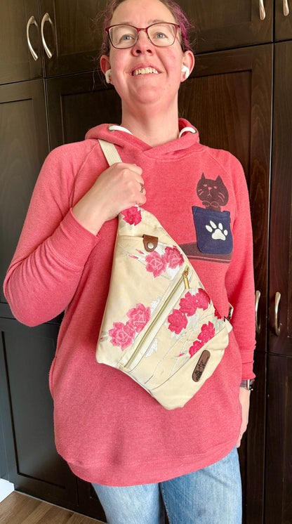 Upcycled Obi | Pink and Silver Florals on Ivory | Artisan Bags Handcrafted in the Foothills of the Canadian Rockies