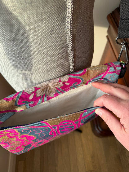 Upcycled Obi Handbag | Large Heidi Crossbody | Opalescent Floral with Hot Pink, Gold, and Teal