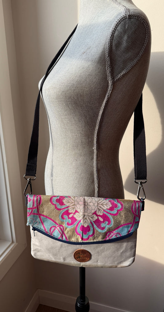 Upcycled Obi Handbag | Large Heidi Crossbody | Opalescent Floral with Hot Pink, Gold, and Teal