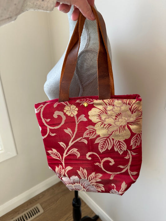 Upcycled Obi Handbag | Gold and Silver Peonies on Red