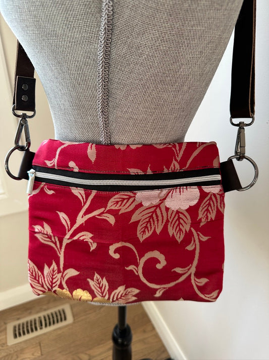 Upcycled Obi Crossbody Bag | Peonies on Red with Upcycled Red Kimono