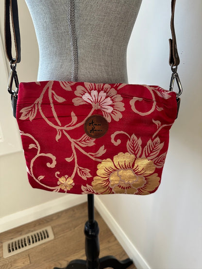 Upcycled Obi Crossbody Bag | Peonies on Red with Upcycled Red Kimono