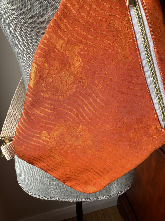 Upcycled Obi | Traveller Sling | Golden Shimmer Koi with Dark Orange Background