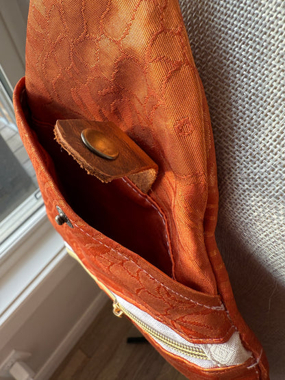 Upcycled Obi | Traveller Sling | Golden Shimmer Koi with Dark Orange Background