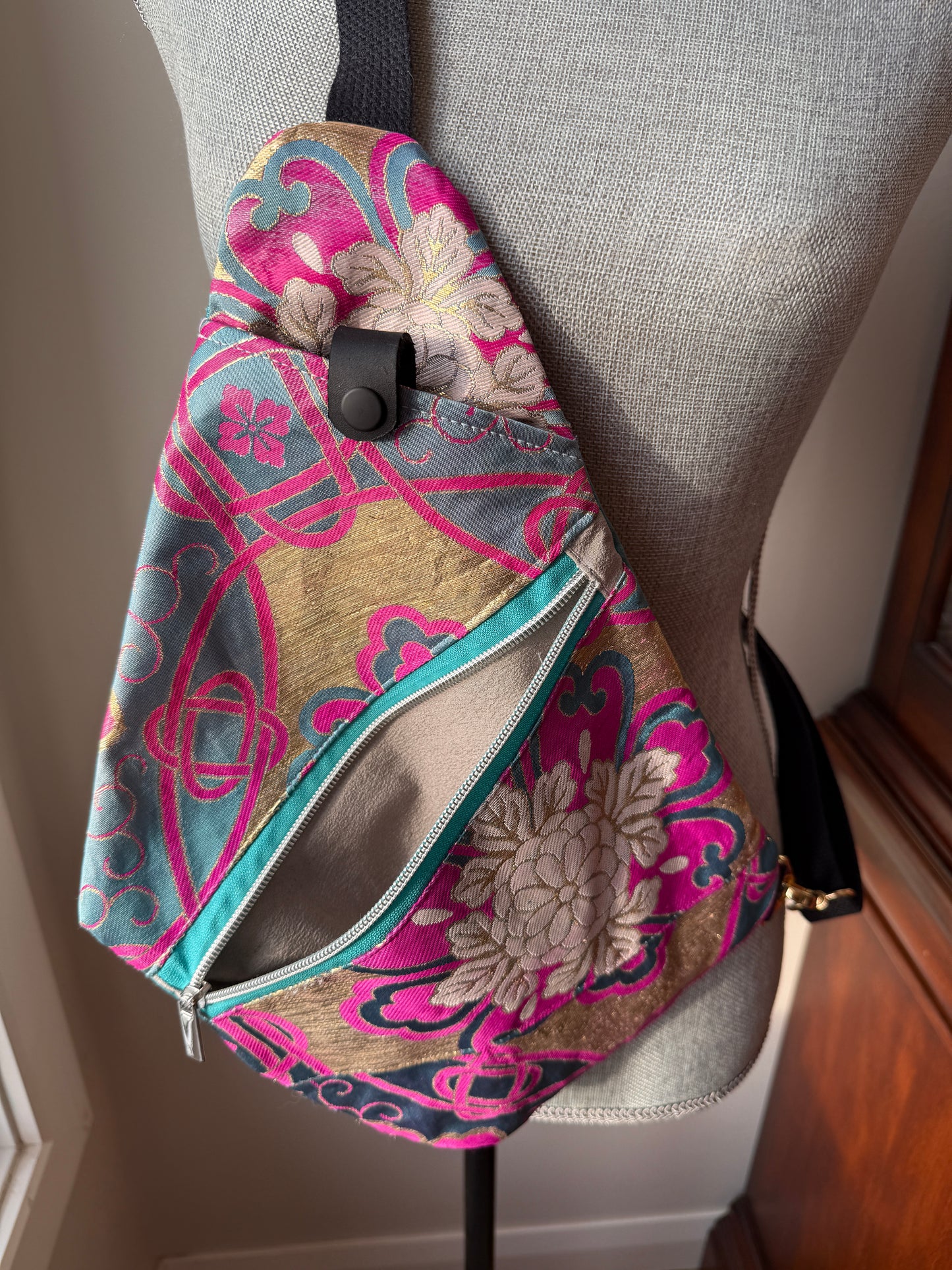 Upcycled Obi | Traveller Sling | Opalescent Floral with Hot Pink, Gold, and Teal