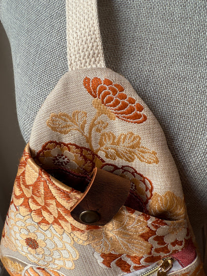 Upcycled Obi | Traveller Sling | Cranes as Fans in Earth Tones