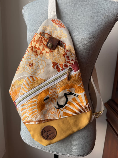 Upcycled Obi | Traveller Sling | Cranes as Fans in Earth Tones