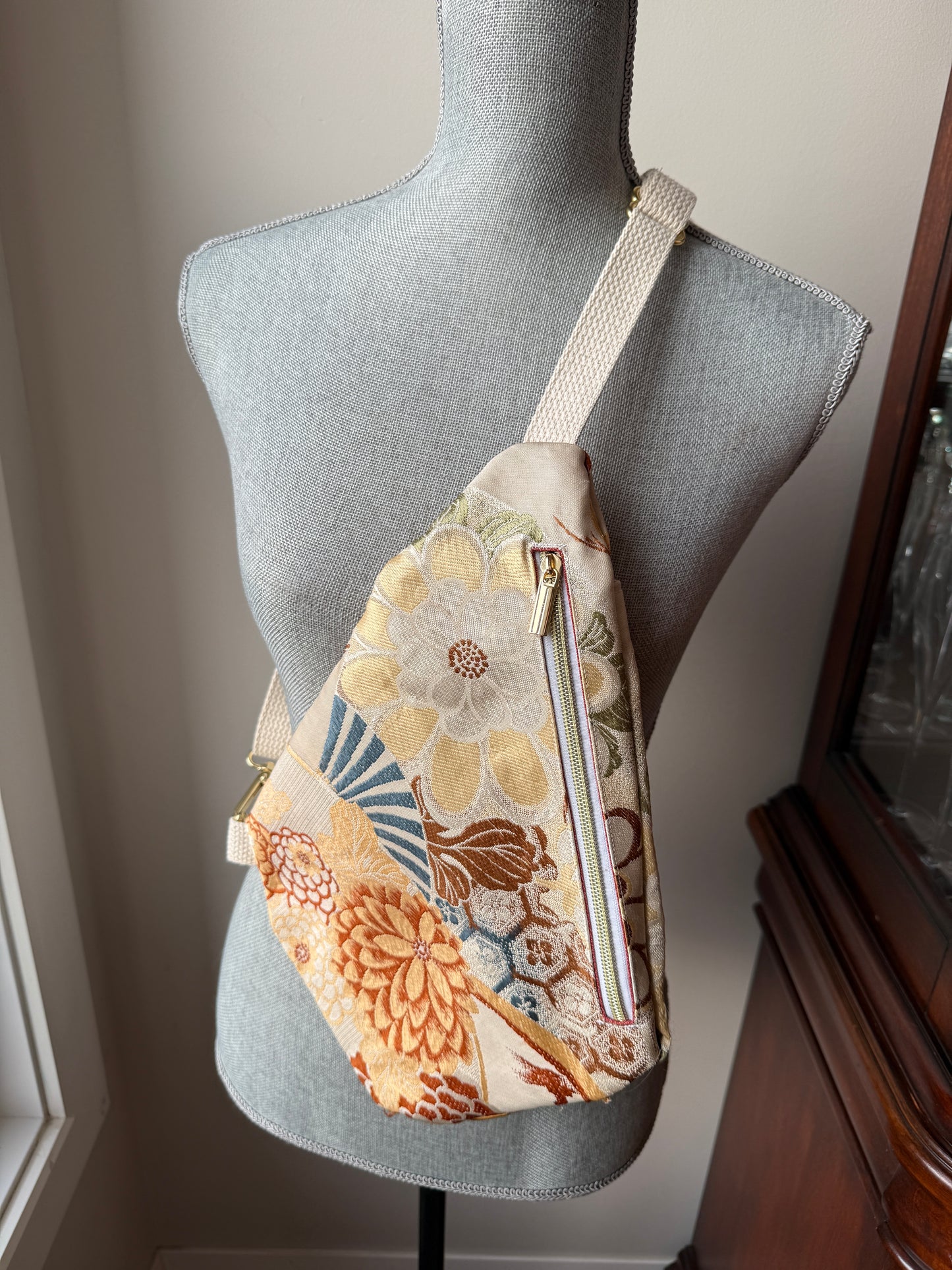 Upcycled Obi | Traveller Sling | Floral Fans in Earth Tones