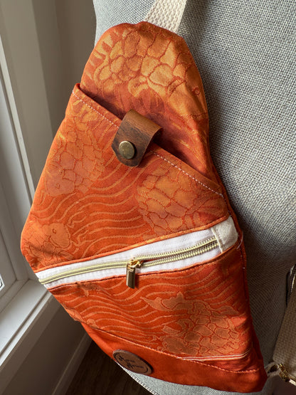 Upcycled Obi | Traveller Sling | Golden Shimmer Koi with Dark Orange Background