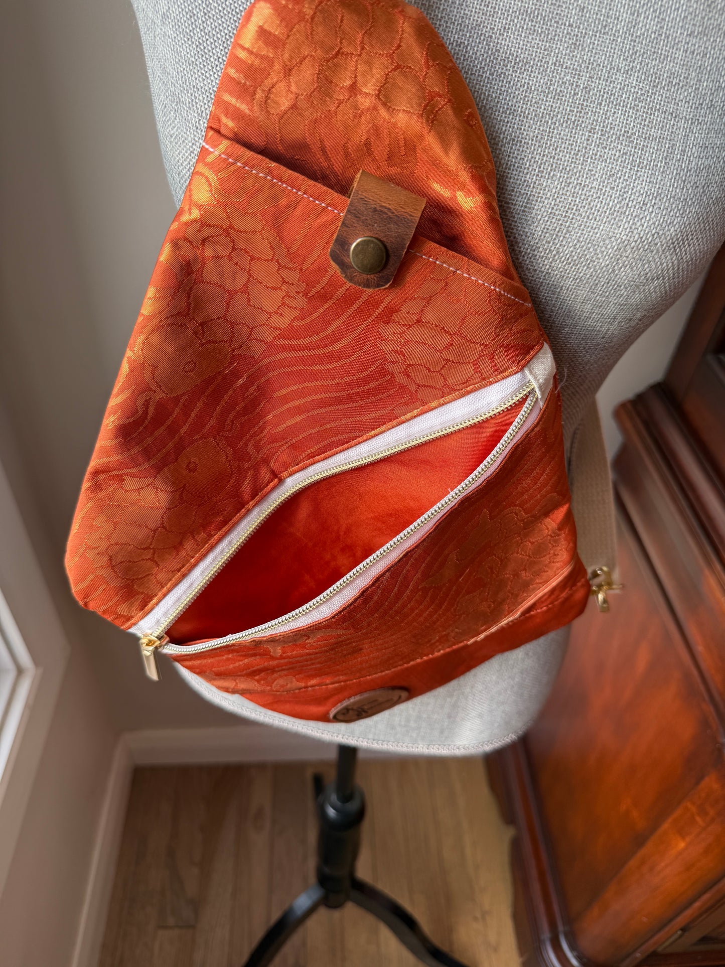 Upcycled Obi | Traveller Sling | Golden Shimmer Koi with Dark Orange Background