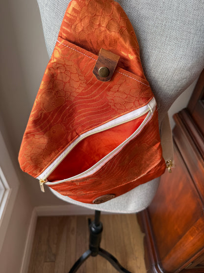 Upcycled Obi | Traveller Sling | Golden Shimmer Koi with Dark Orange Background