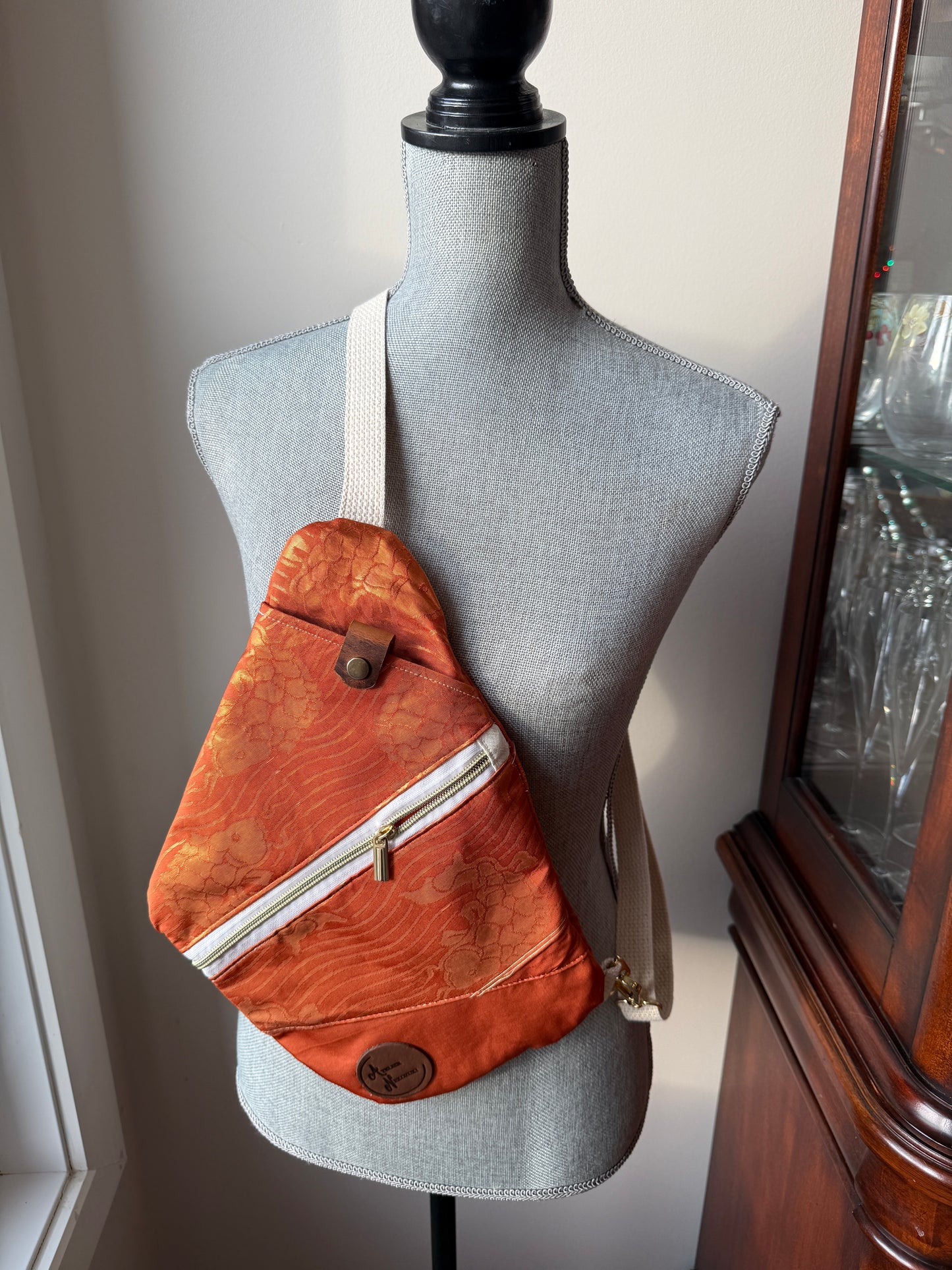 Upcycled Obi | Traveller Sling | Golden Shimmer Koi with Dark Orange Background