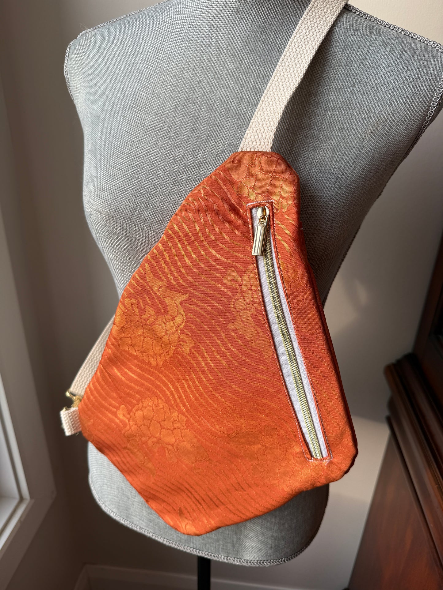 Upcycled Obi | Traveller Sling | Golden Shimmer Koi with Dark Orange Background