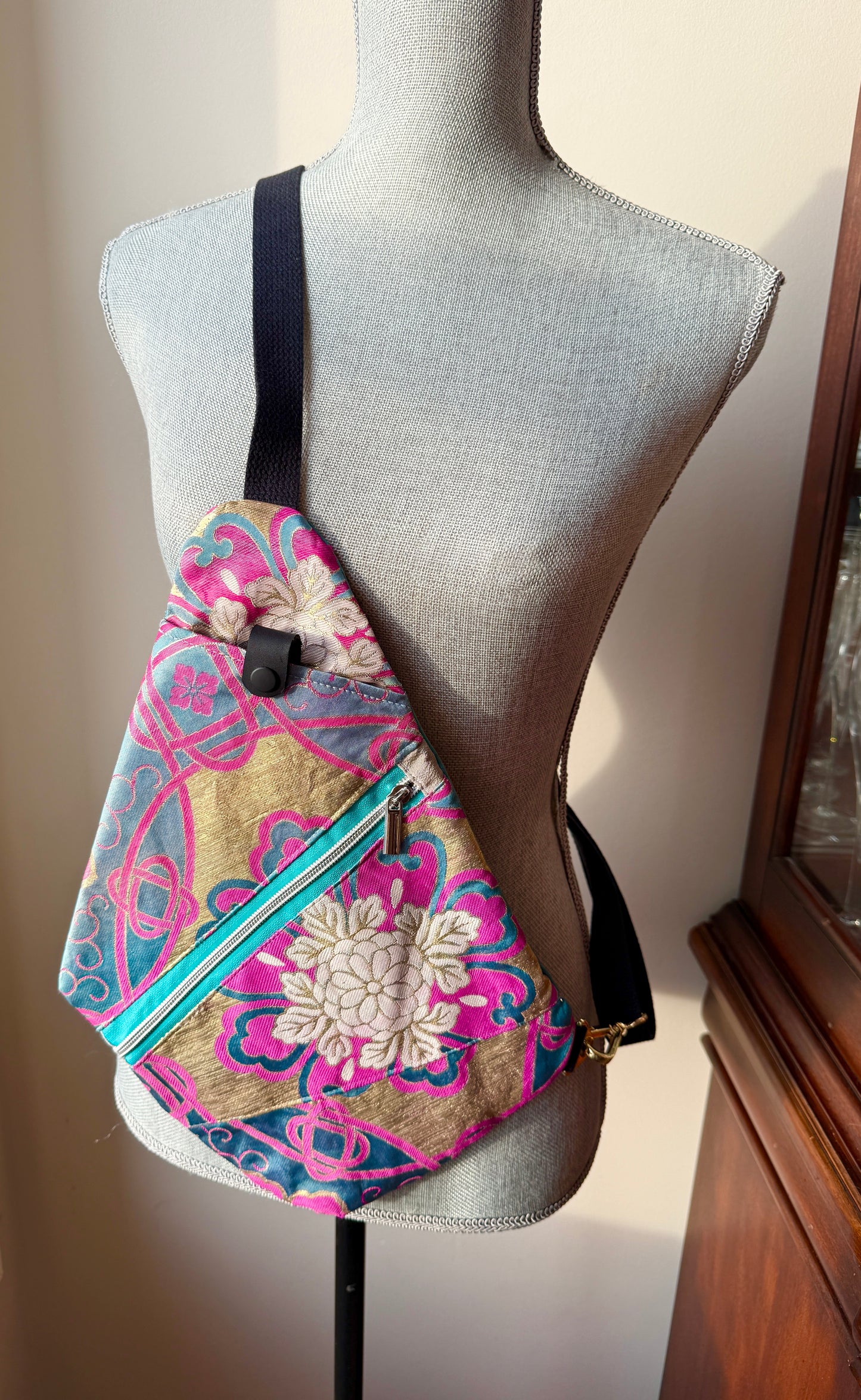 Upcycled Obi | Traveller Sling | Opalescent Floral with Hot Pink, Gold, and Teal