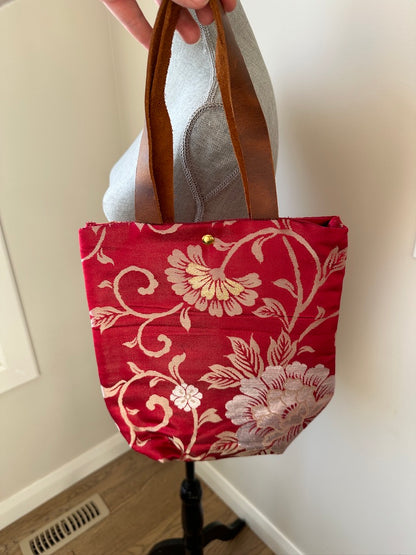 Upcycled Obi Handbag | Gold and Silver Peonies on Red