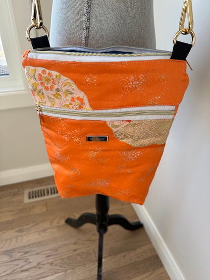 Upcycled Obi Cross Body Wedge Bag | Gold Speckled Orange and Traditional Japanese Motifs