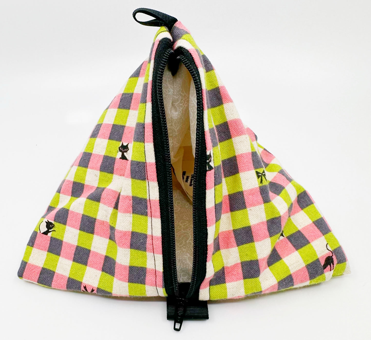 Triangle Pouch | Sassy Cat on Pink, Purple, and Lime Green Gingham
