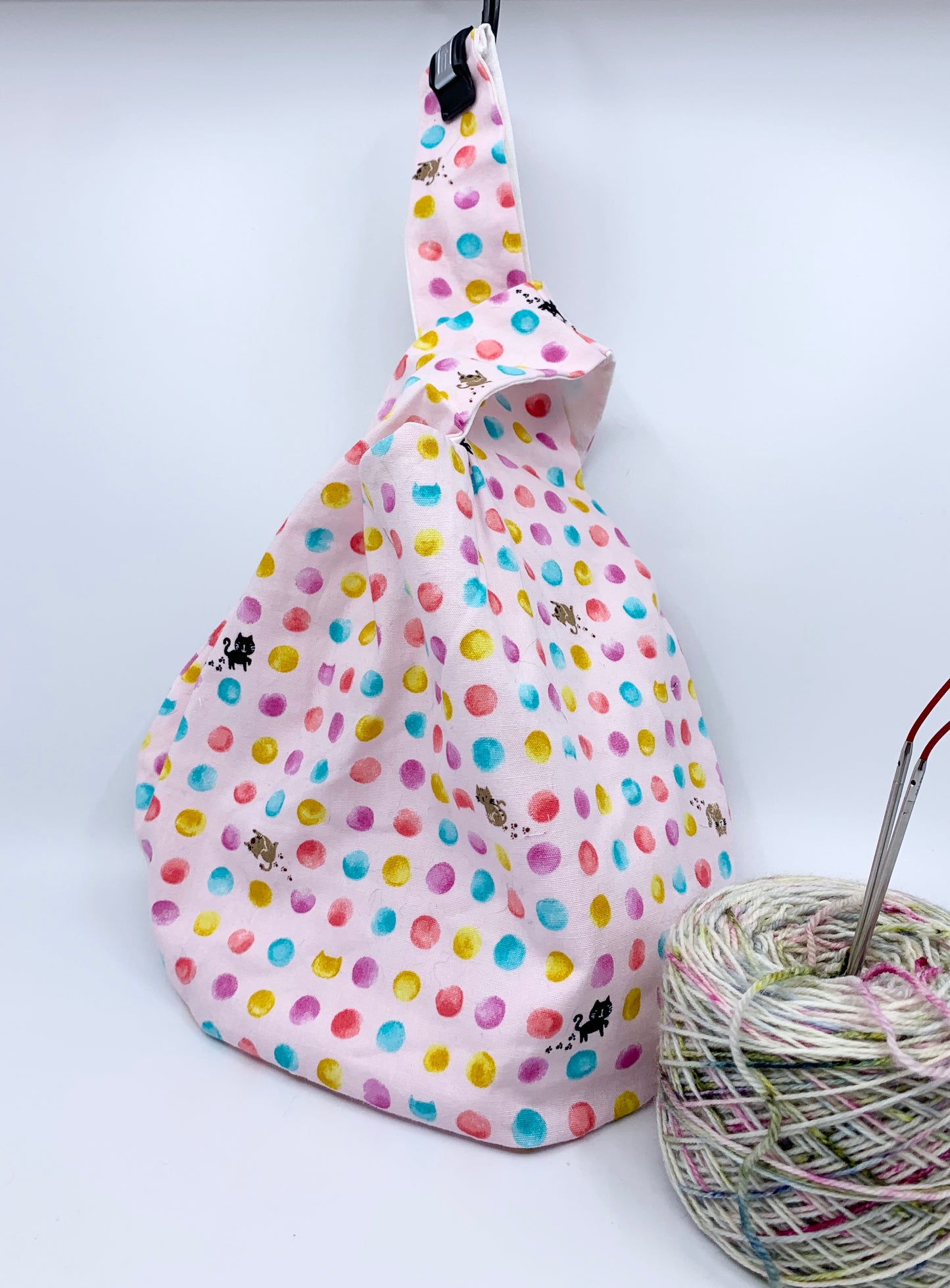Knot Bag | Polka Dot Cats on Pastel Pink