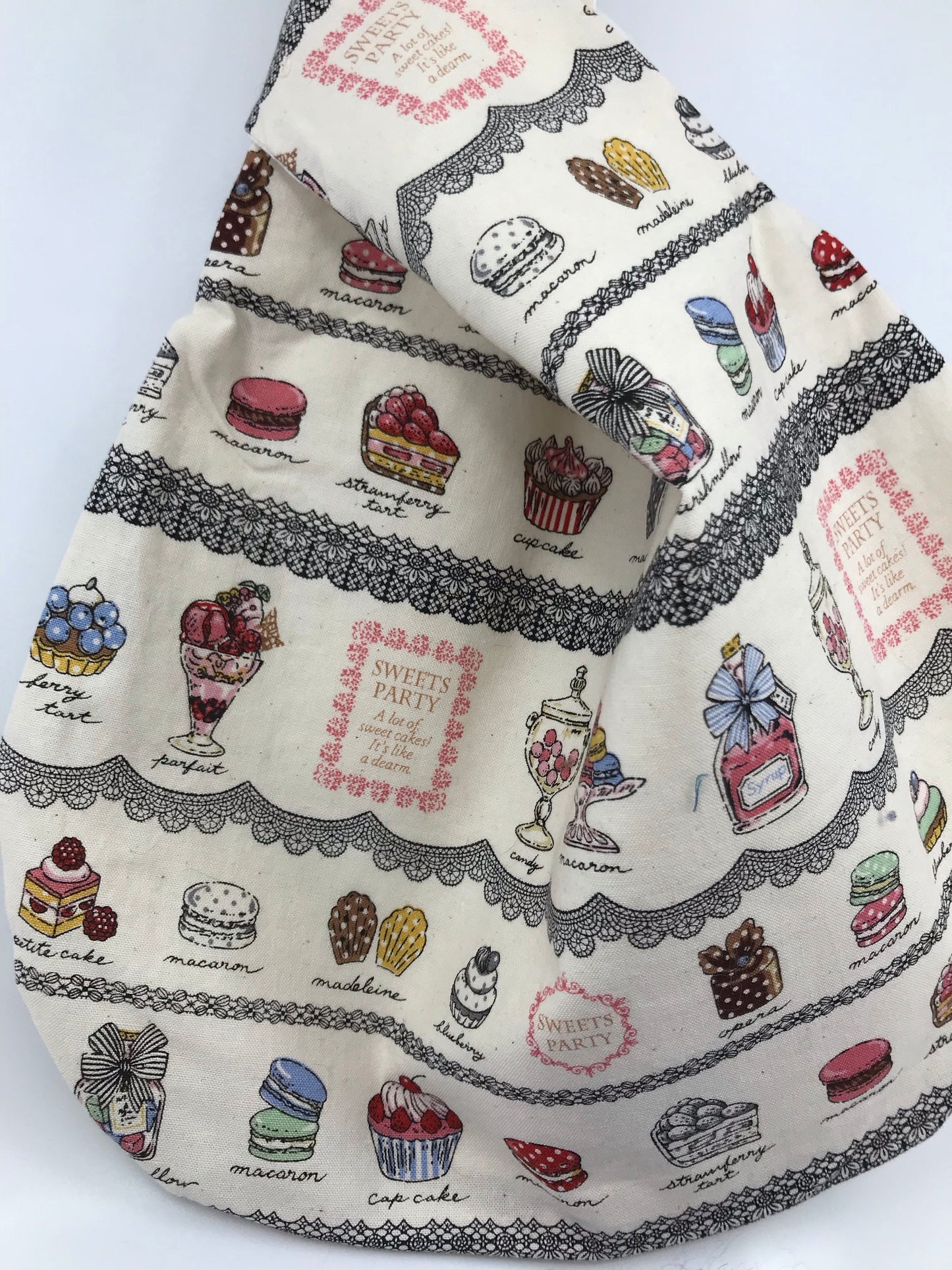 Knot Bag || Sweets Party Print with Black Lace || Japanese Fabric Project Bag