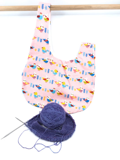 Knot Bag || Peppy Budgies on Pink || Japanese Fabric Project Bag