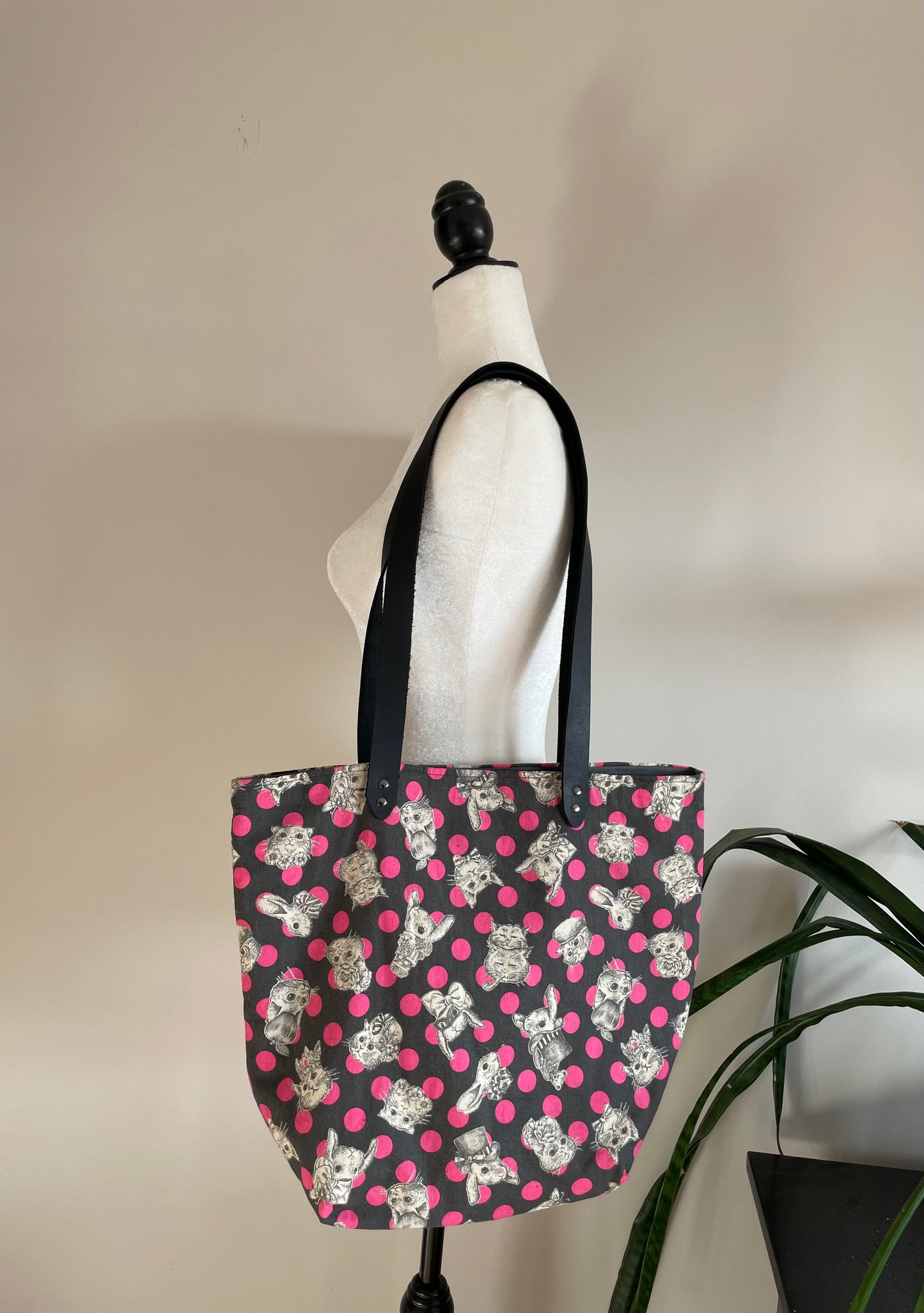 Luxe Tote Bag | Cats and Bunnies with Things on Their Heads Hot Pink and Grey