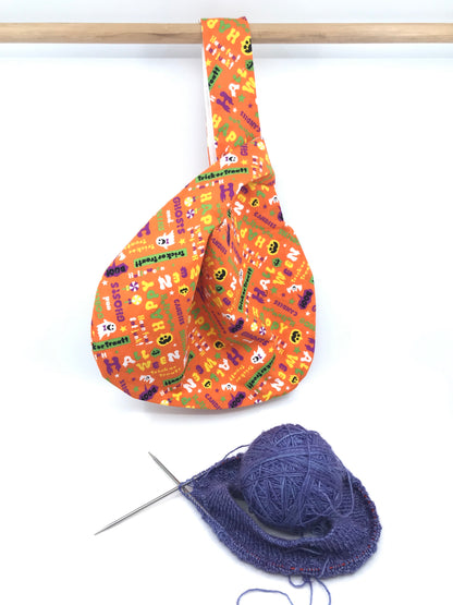 Knot Bag || Have Fun Eat Junk Halloween Print on Orange || Japanese Fabric Project Bag