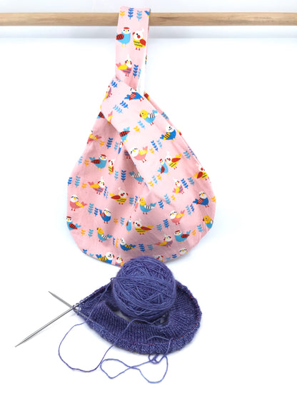 Knot Bag || Peppy Budgies on Pink || Japanese Fabric Project Bag