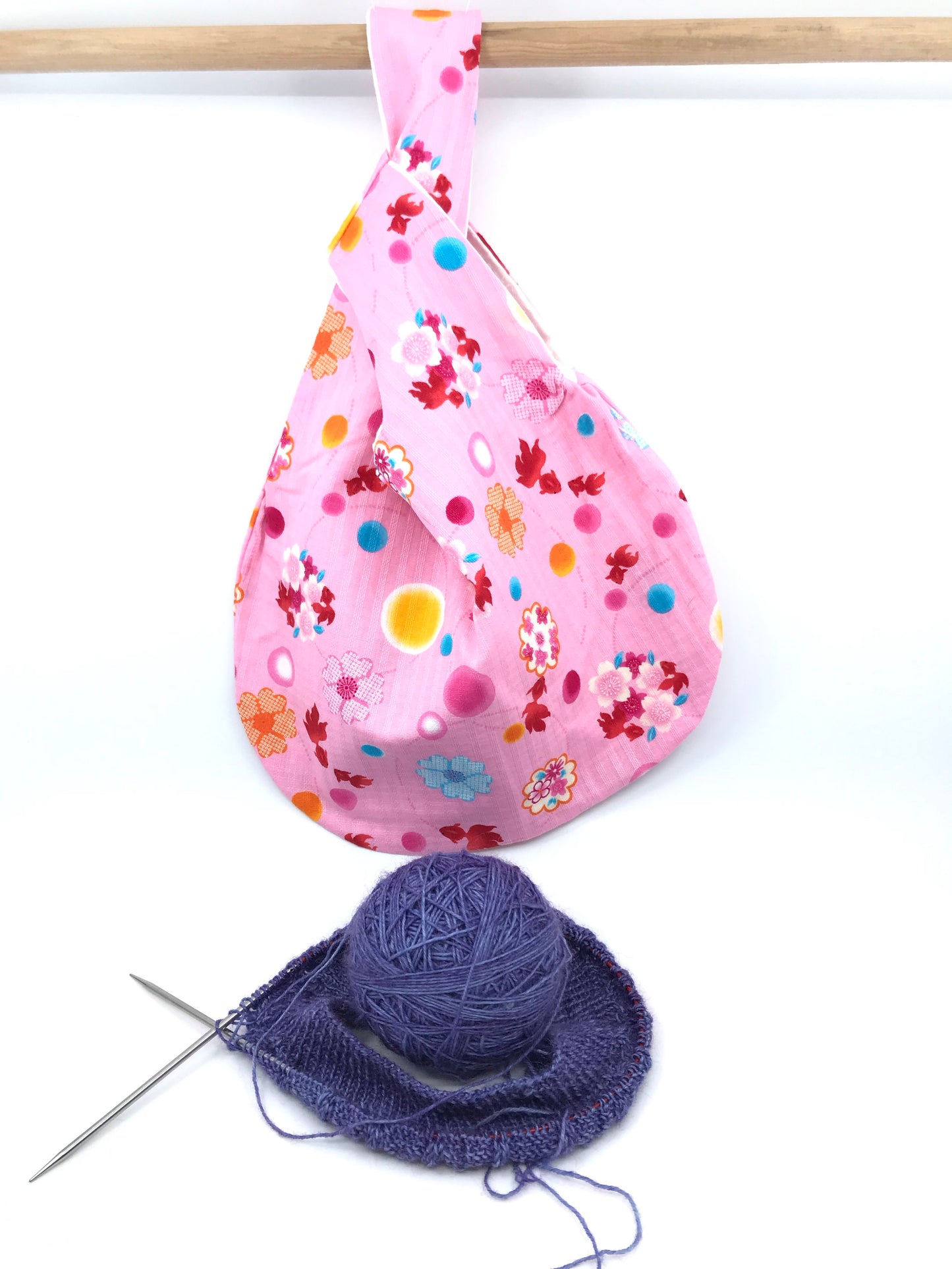 Knot Bag || Koi Festival Print on Pink || Japanese Fabric Project Bag