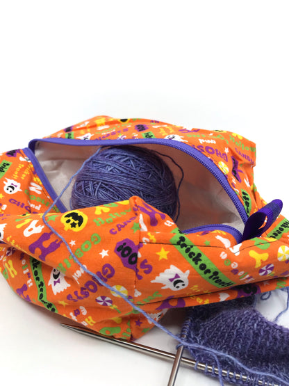 Small Box Bag || Have Fun Eat Junk Halloween Print on Orange || Japanese Fabric Project Bag